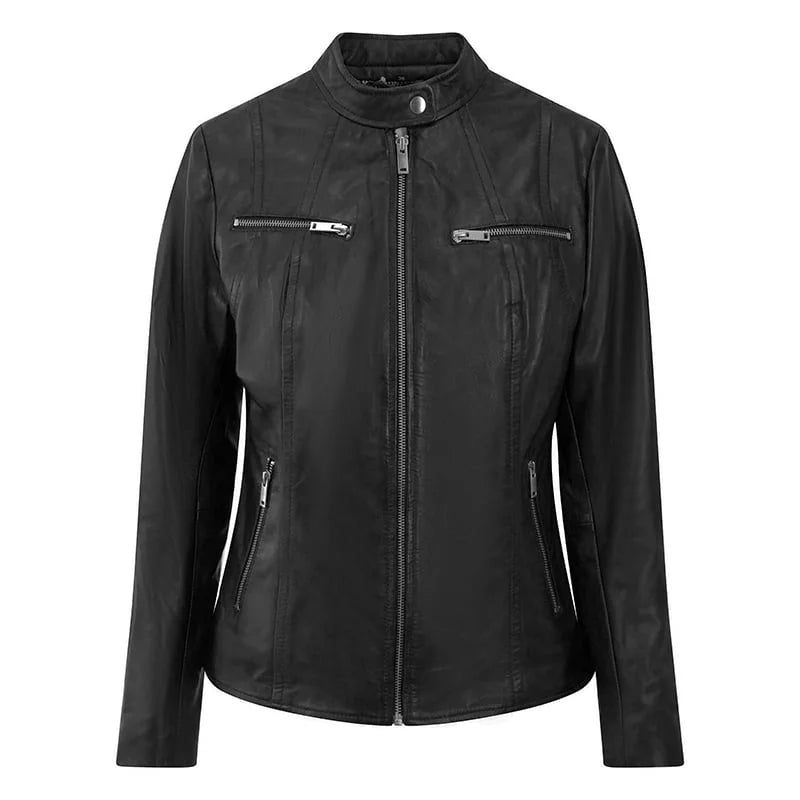 Celine 6493 women's sheepskin leather jacket in black, perfect for wholesale buyers seeking quality leatherwear.
