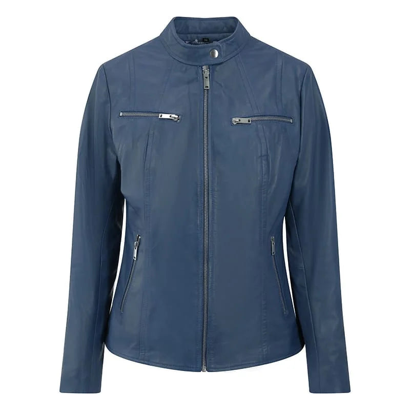 women's leather jacket in navy, showing zippered side pockets and the slim-fit cut.