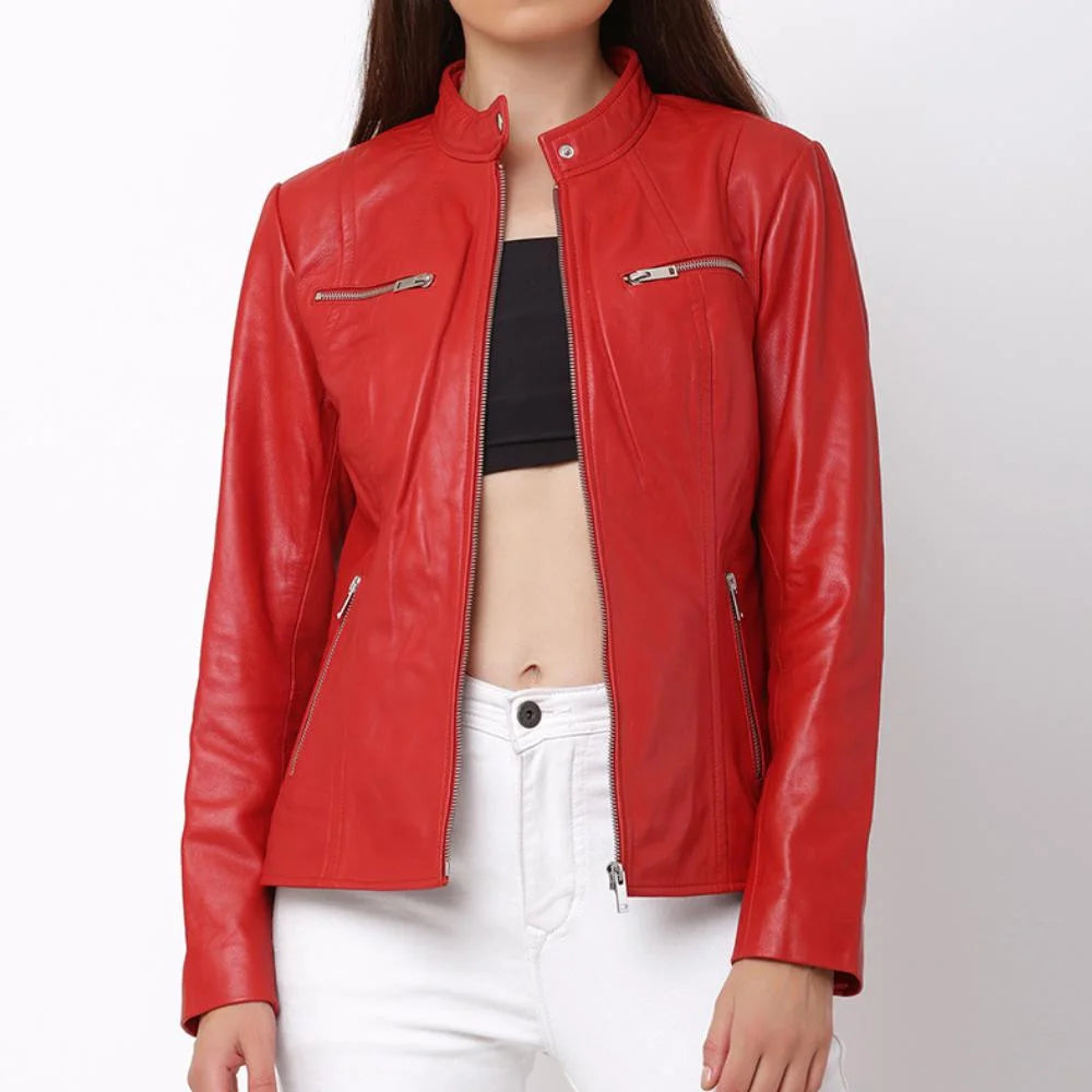 Close-up of the zipped chest pocket on the Celine 6493 women's sheepskin leather jacket, emphasising durable metal hardware.