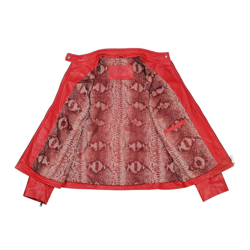 Interior view of the Celine 6493 women's leather jacket in red, featuring a breathable polyester mesh lining with a patterned design.