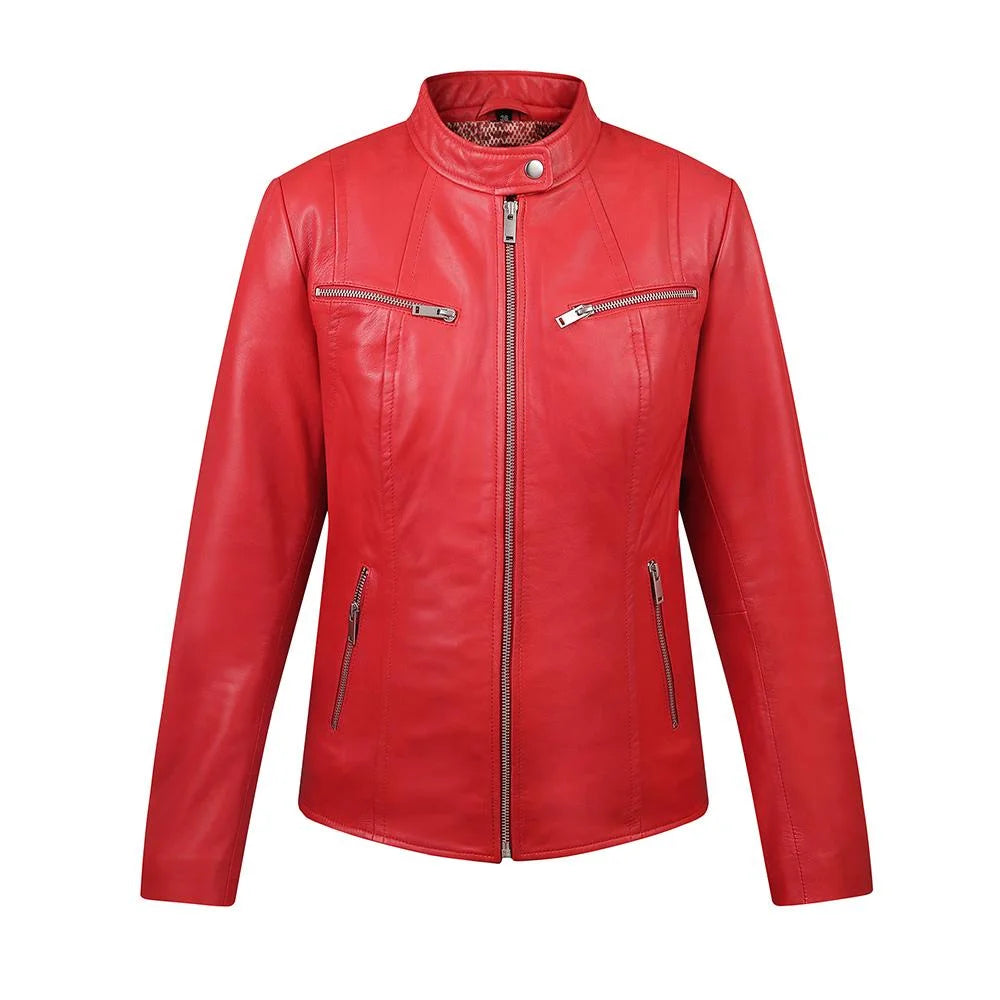 Front view of the Celine 6493 women's sheepskin leather jacket in navy, showcasing slim-fit tailoring and zipped chest pockets.