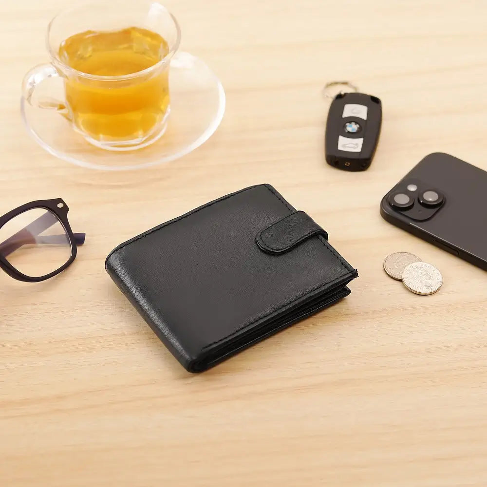 Flat lay of Basic Wallet Style 59 RFID leather trifold wallet with everyday accessories like mobile, glasses, coins, and pen