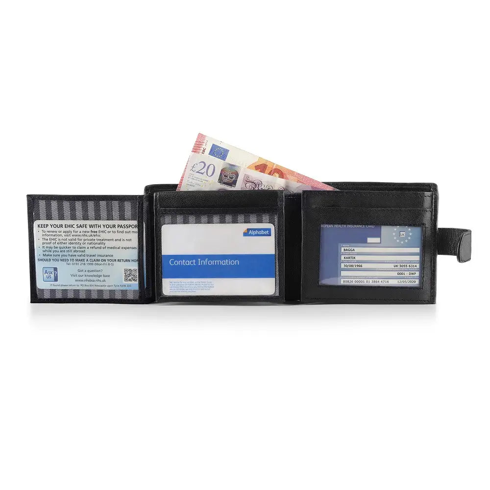 Organised view of Basic Wallet Style 59 – leather trifold RFID wallet with cards and cash neatly arranged