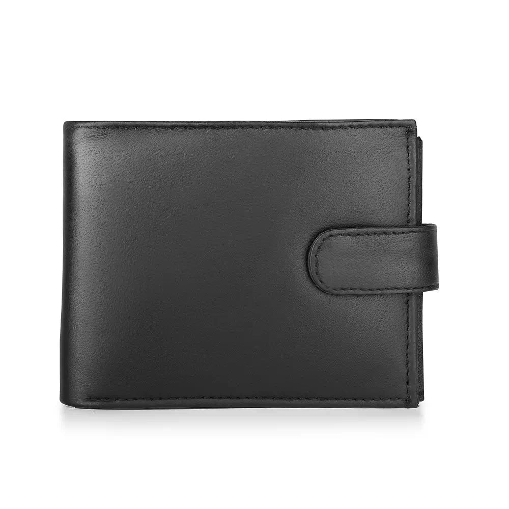 Front view of Basic Wallet Style 76, trifold real leather wallet with RFID protection and tab closure.