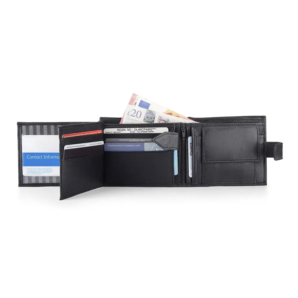 Organised view of Basic Wallet Style 76 – trifold RFID wallet with cards, cash, and coins neatly arranged