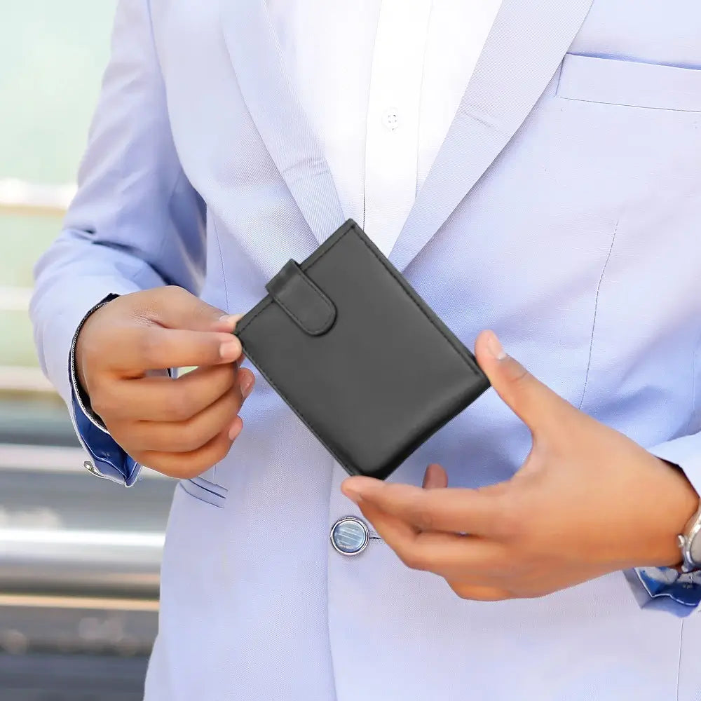 Front view of Basic Wallet Style 76, trifold real leather wallet with RFID protection and tab closure.