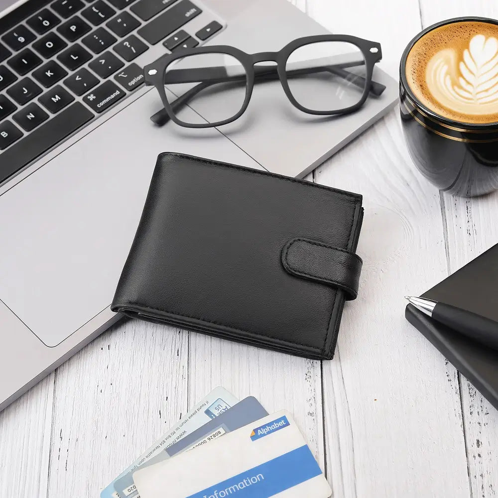 Flat lay of Basic Wallet Style 76 RFID leather trifold wallet with everyday accessories like laptop, pen, and glasses