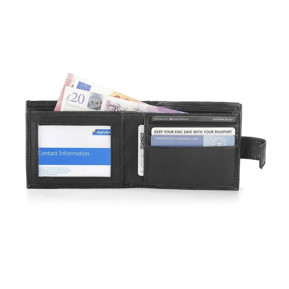 Basic Wallet Style 44 filled with cards, notes, and coins, showing organized bifold compartments.