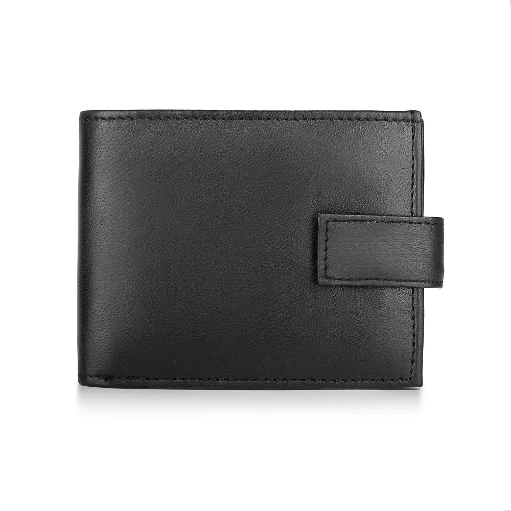 Front view of Basic Wallet Style 44, bifold RFID leather wallet with tab closure.