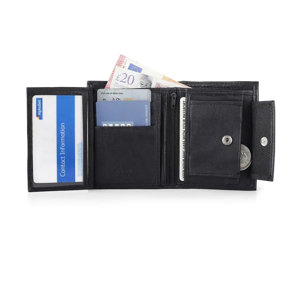 Basic Wallet Style 48 filled with cards, notes, and coins, showing organized trifold compartments.