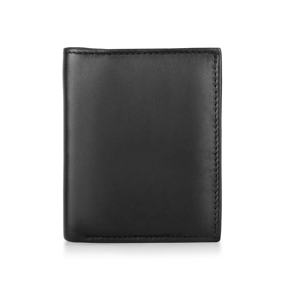 Front view of Basic Wallet Style 48, trifold RFID leather wallet with buttoned coin pocket.