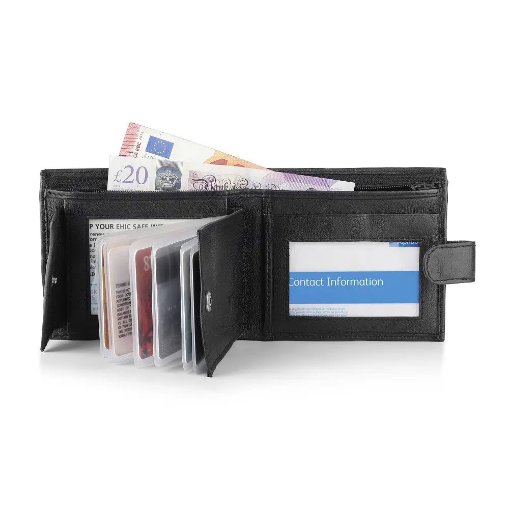 Organised inside view of Basic Wallet Style 64 – RFID leather wallet with cards, ID, and notes in zipped section