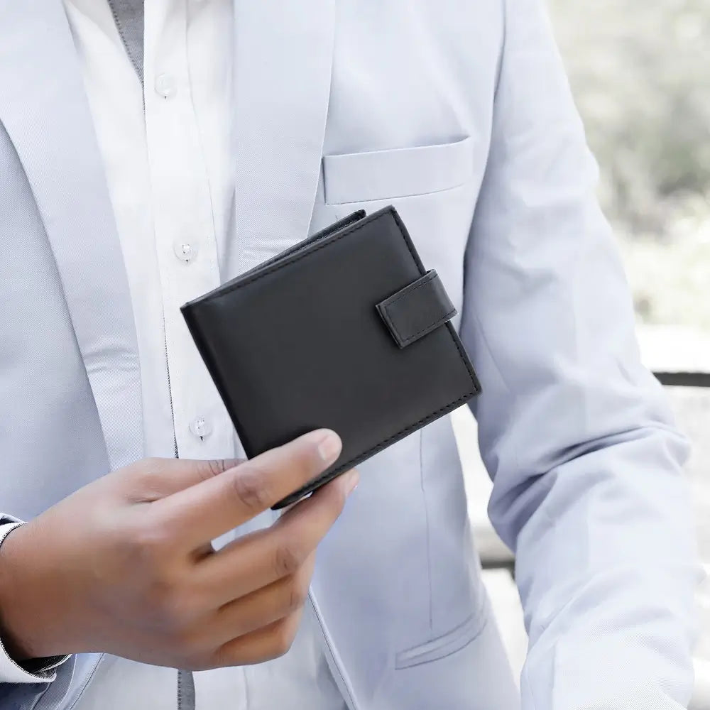 Front view of Basic Wallet Style 66, bifold RFID leather wallet with tab closure.