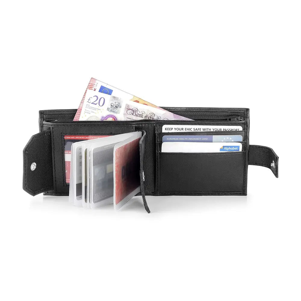 Basic Wallet Style 66 with cards and coins inside, showing organized compartments.