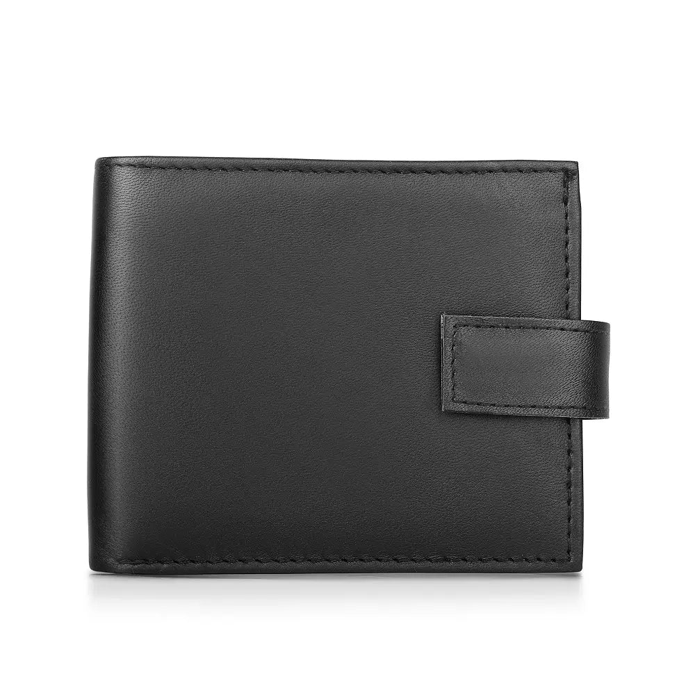 Front view of Basic Wallet Style 66, bifold RFID leather wallet with tab closure.