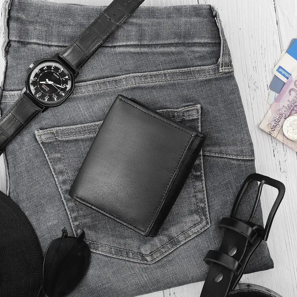 Flat lay of Basic Wallet Style 86 – RFID leather trifold wallet with zip pocket and accessories