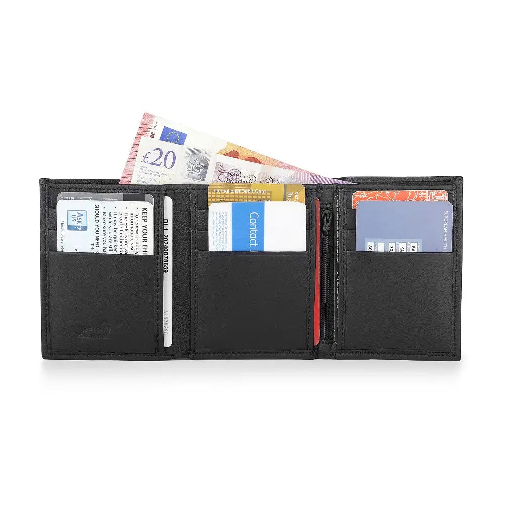 Organised inside view of Basic Wallet Style 86 – RFID leather trifold wallet filled with cards, ID, and cash