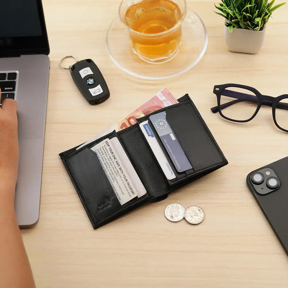 Flat lay of Basic Wallet Style 87 black leather RFID bifold wallet with tab closure, shown with coins, laptop, and glasses