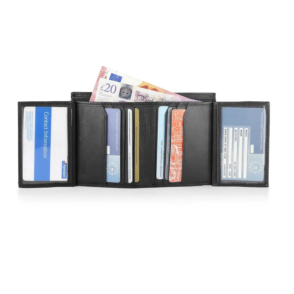 Organised interior view of Basic Wallet Style 87 showing card slots, note section, in genuine leather