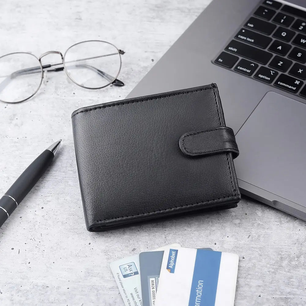 Flat lay of Basic Wallet Style 94 – RFID leather bifold wallet with zip coin pocket and accessories