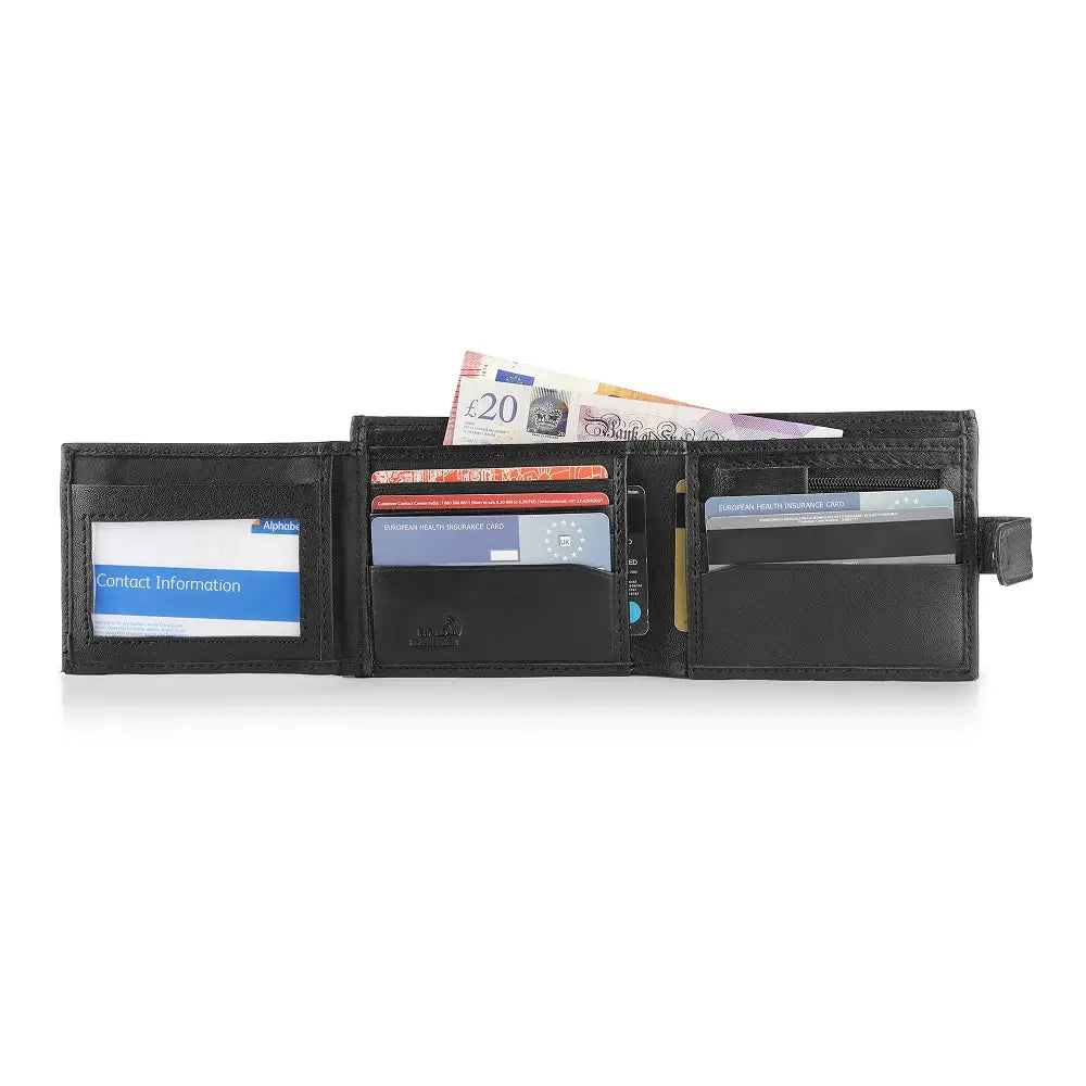 Organised inside view of Basic Wallet Style 94 – RFID bifold leather wallet filled with cards, cash, and coins