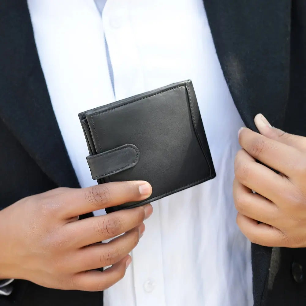 Front view of Basic Wallet Style 340 – RFID safe leather bifold wallet with tab closure