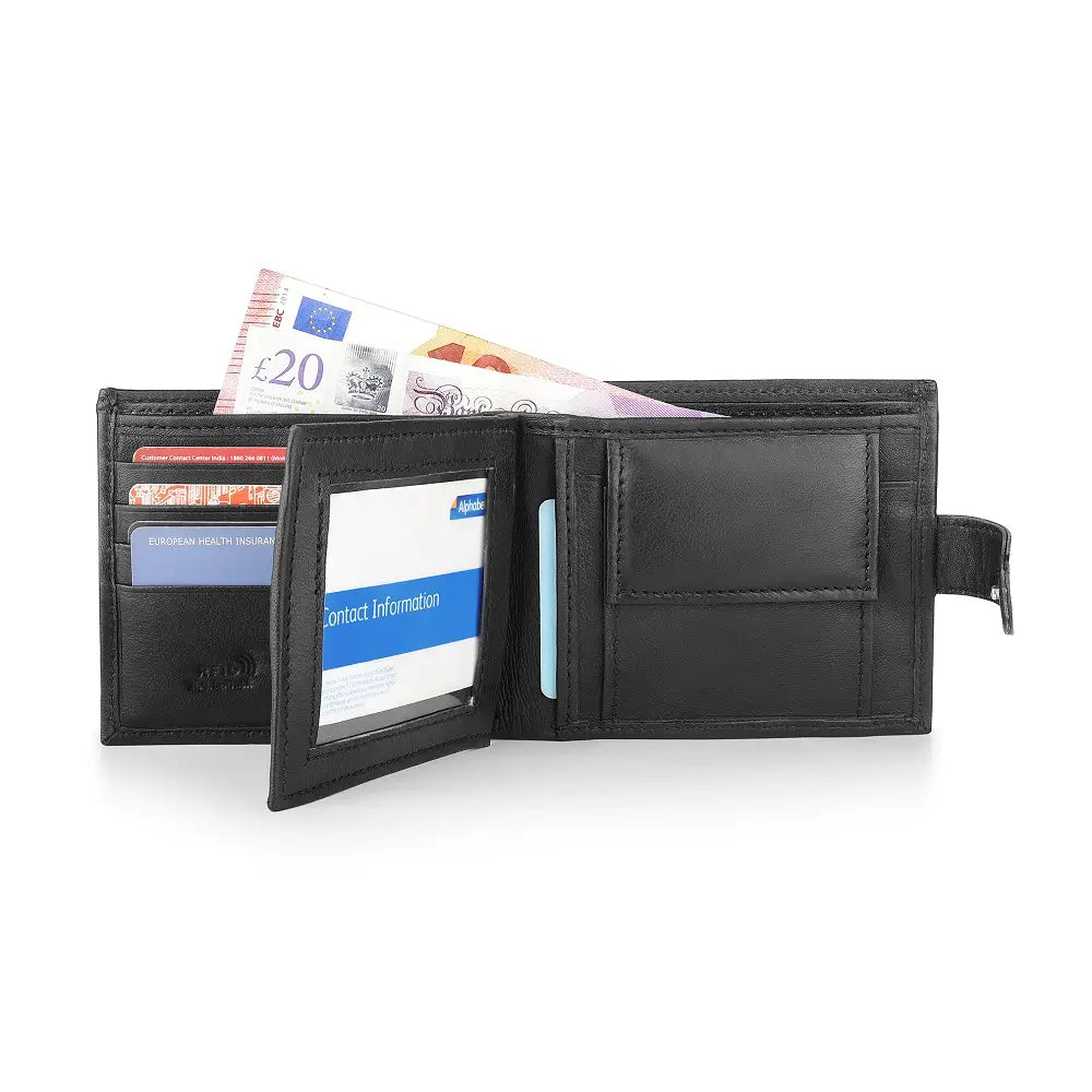 Organised view of Basic Wallet Style 340 – RFID leather bifold wallet neatly filled with cards, ID, cash, and coins