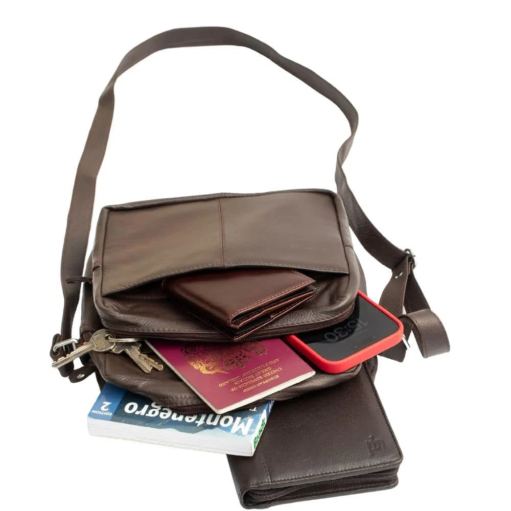 Ranger Leather Upcycled Crossbody Bag 1455, brown packed bag