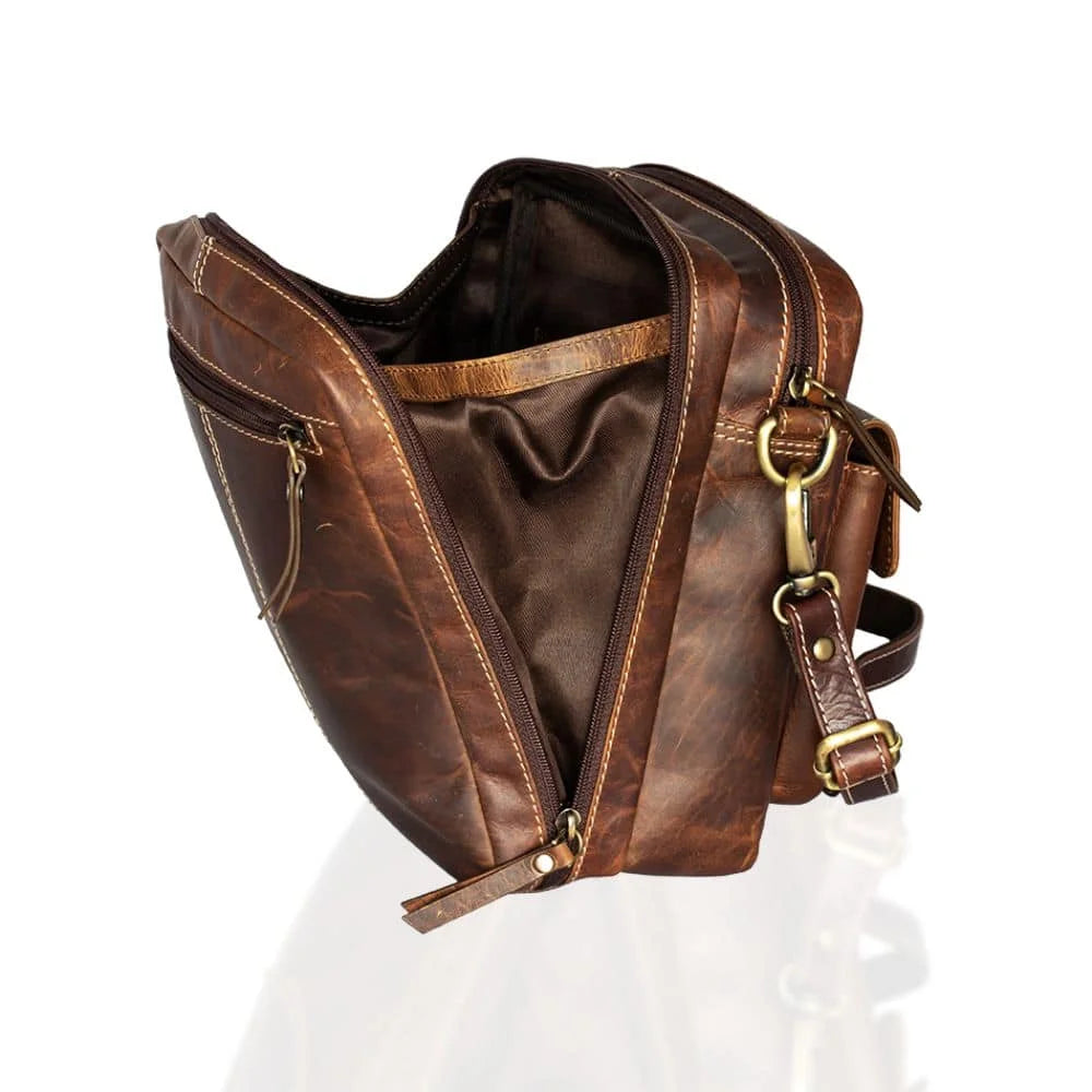 Leather Crossbody Messenger Bag, PRIMEHIDE Leather, open view