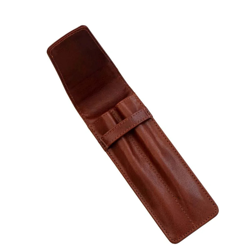 PRIMEHIDE Double Pen holder brown 4828, open view showing 2 pen slots