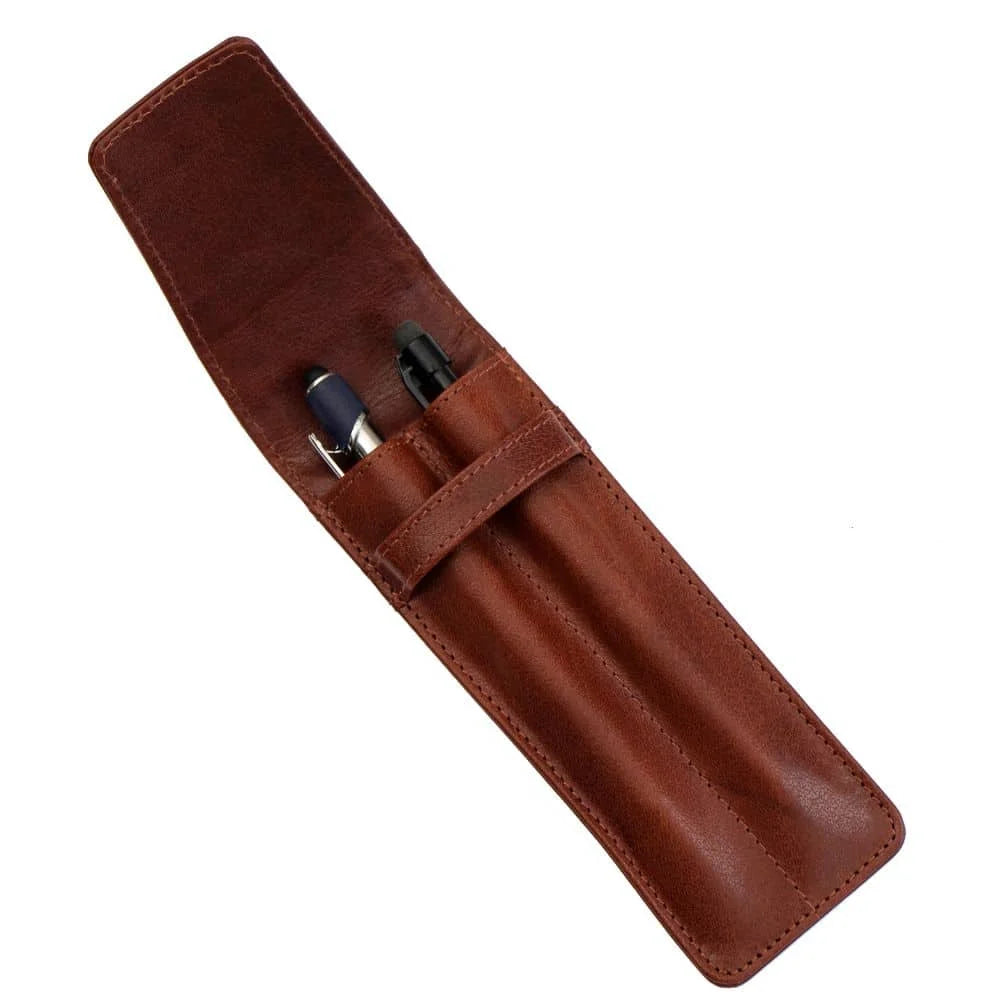 PRIMEHIDE Double Pen holder brown open view with pens in place 4828
