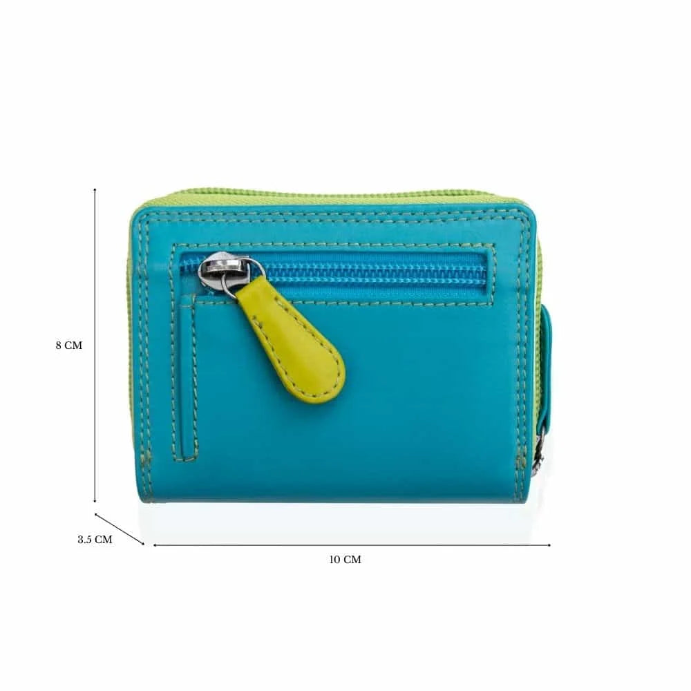 Lime green-blue Zip Around Card Holder Multi Colour 6091 London Collection back of wallet measurements