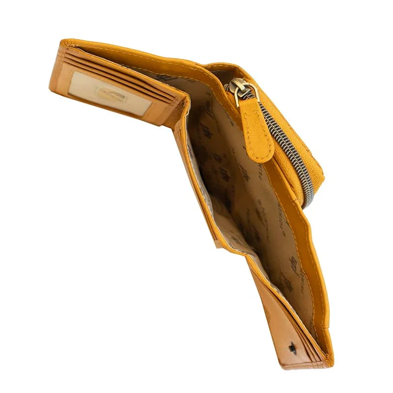Mustard wallet with a zipper on a white background