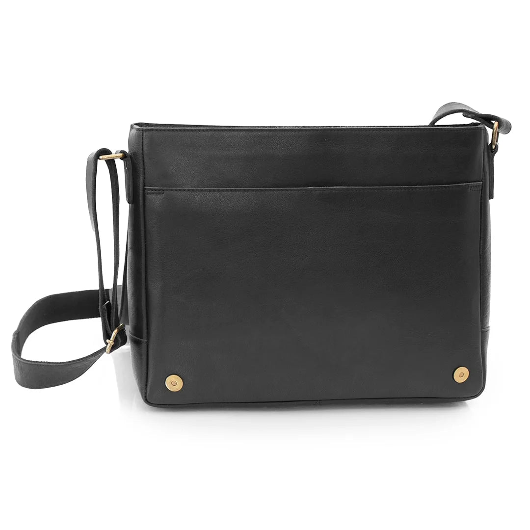 Messenger bag. Open to show front slip pocket. There are magnetic buttons to ensure secure closure.
