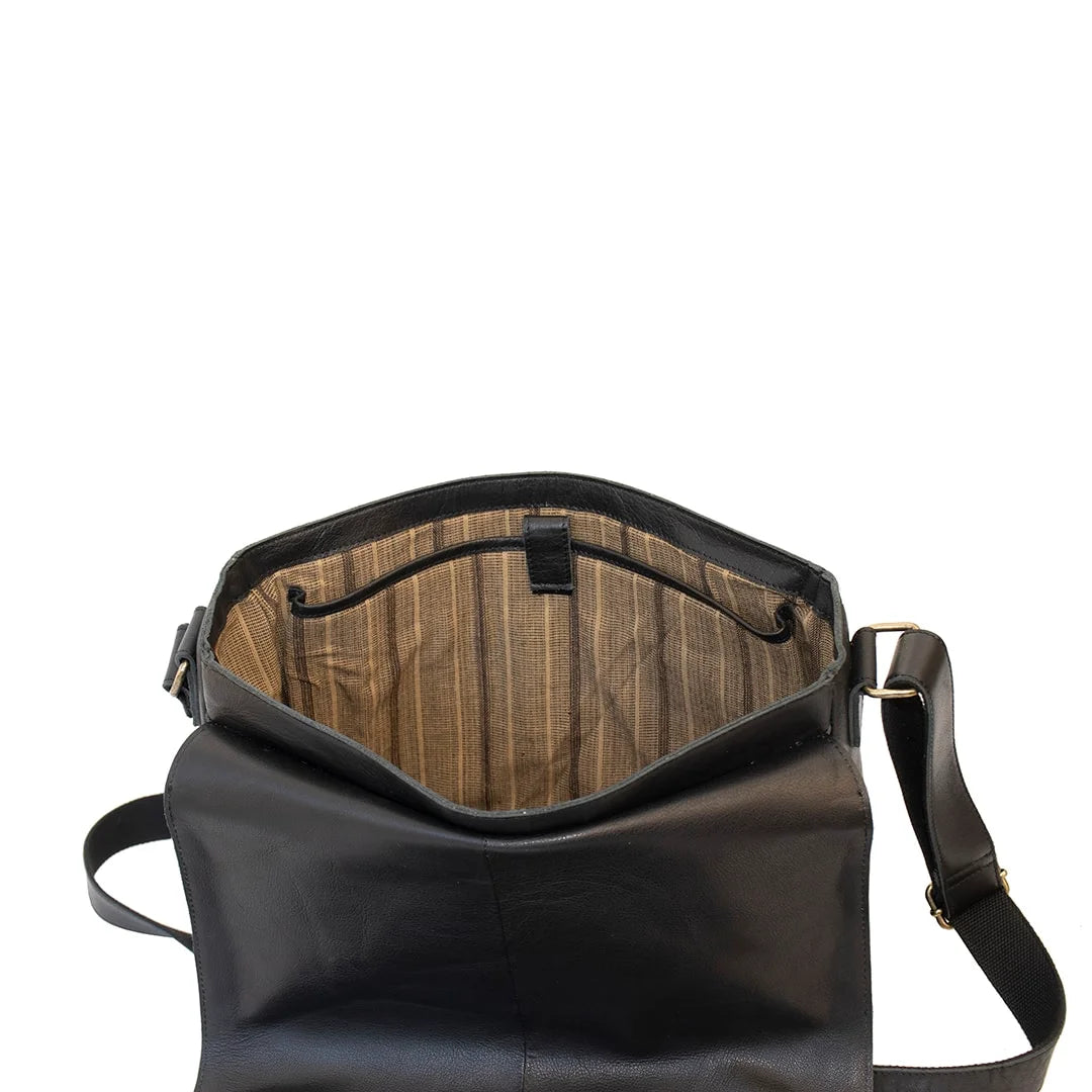 large messenger bag. Black Leather. Fabric Lined Interior.