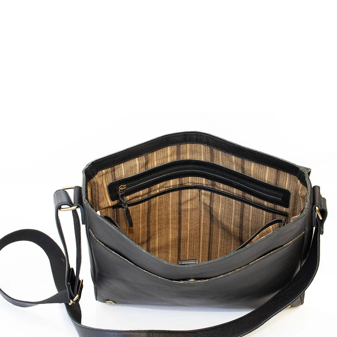 Black leather messenger bag