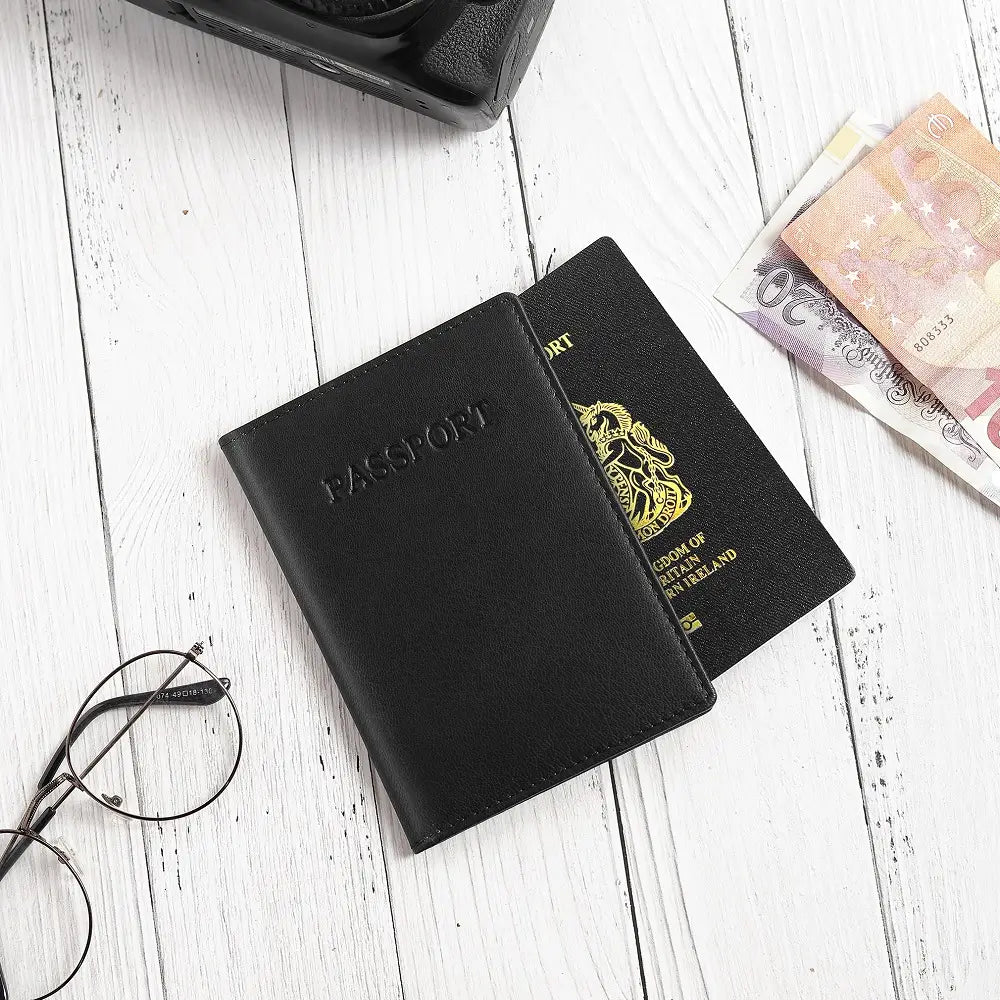 Black Leather Passport Cover RFID Safe with passport