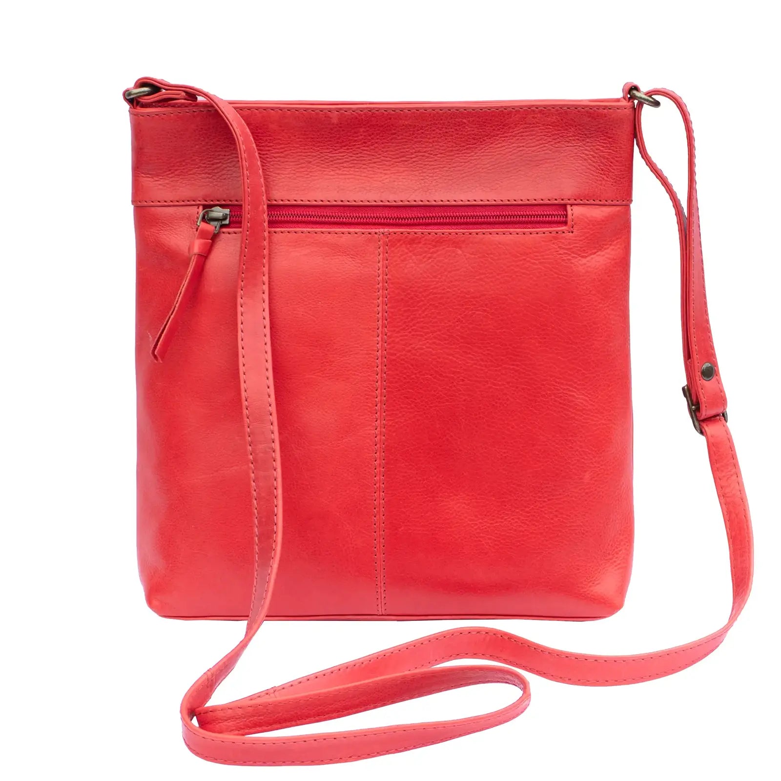 Back view of Washed Cancun Large Crossbody Bag Lupita 1200 in red with zipped pocket