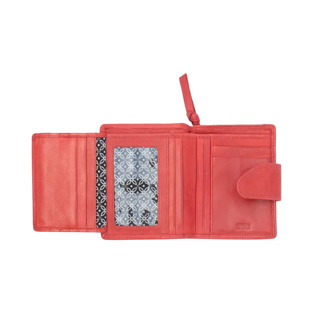 Inside view of Washed Cancun Medium Trifold Purse Paloma 1262 in red showing flip ID window, card slots, and RFID-secure compartments.