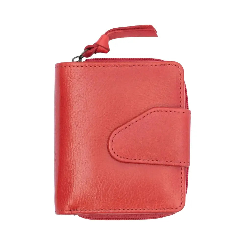 Front view of Washed Cancun Small Bifold Purse Gabriela 1252 in red made from genuine real leather with a compact bifold design.
