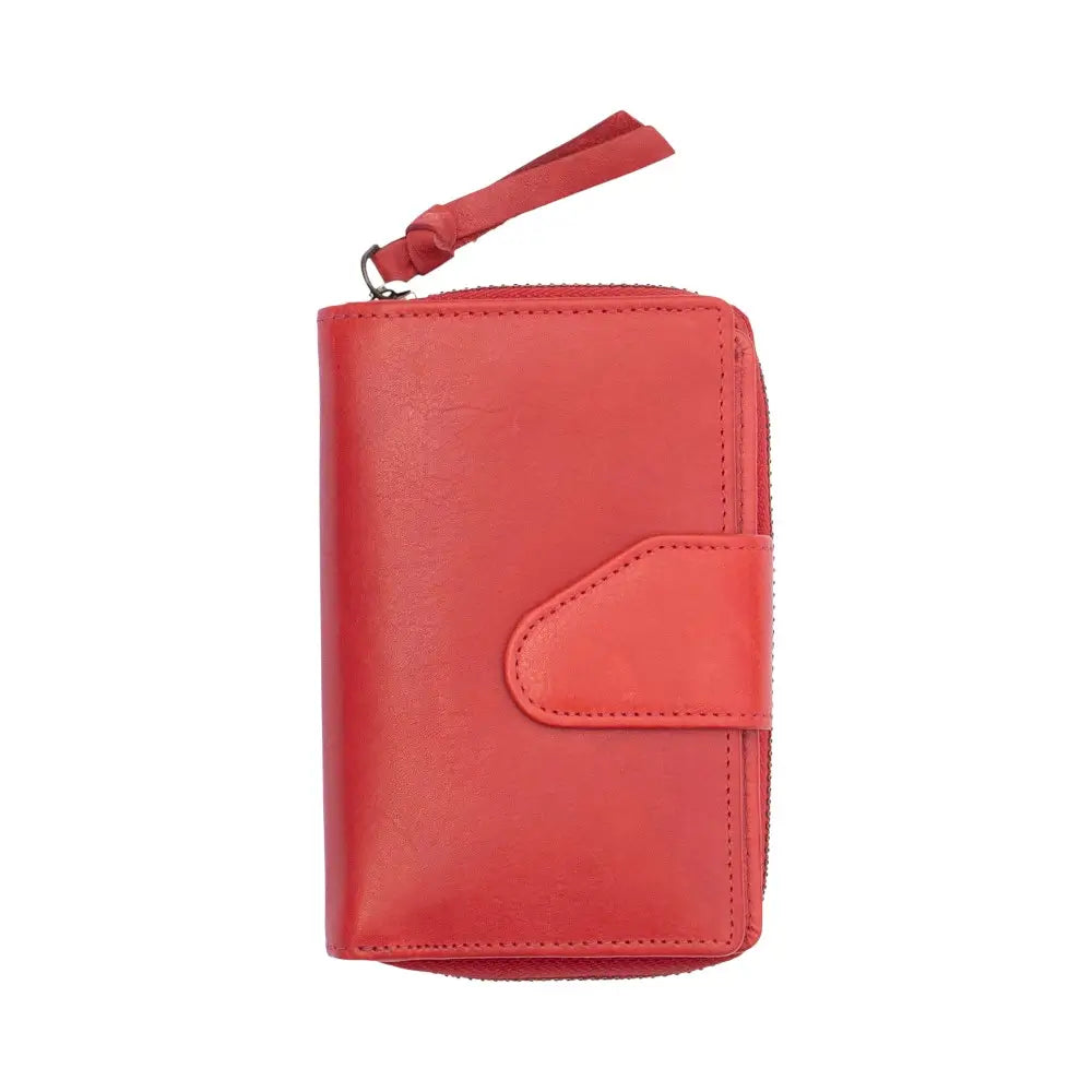 Front view of Washed Cancun Bifold Purse Renata 1266 in red made from real leather with smooth washed finish and compact bifold shape.
