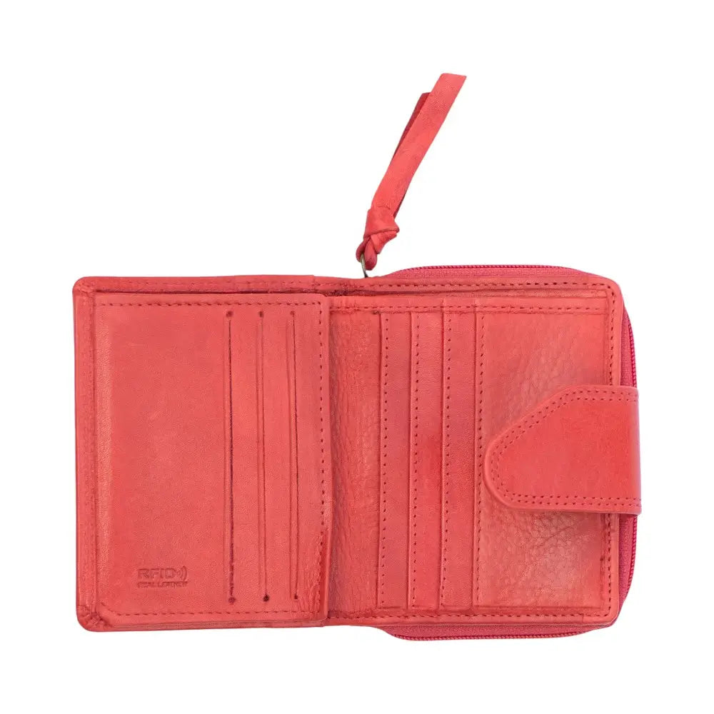 Inside view of Washed Cancun Small Trifold Purse Selena 1265 in red showing 9 card slots, RFID protection, ID and picture window, and note section.