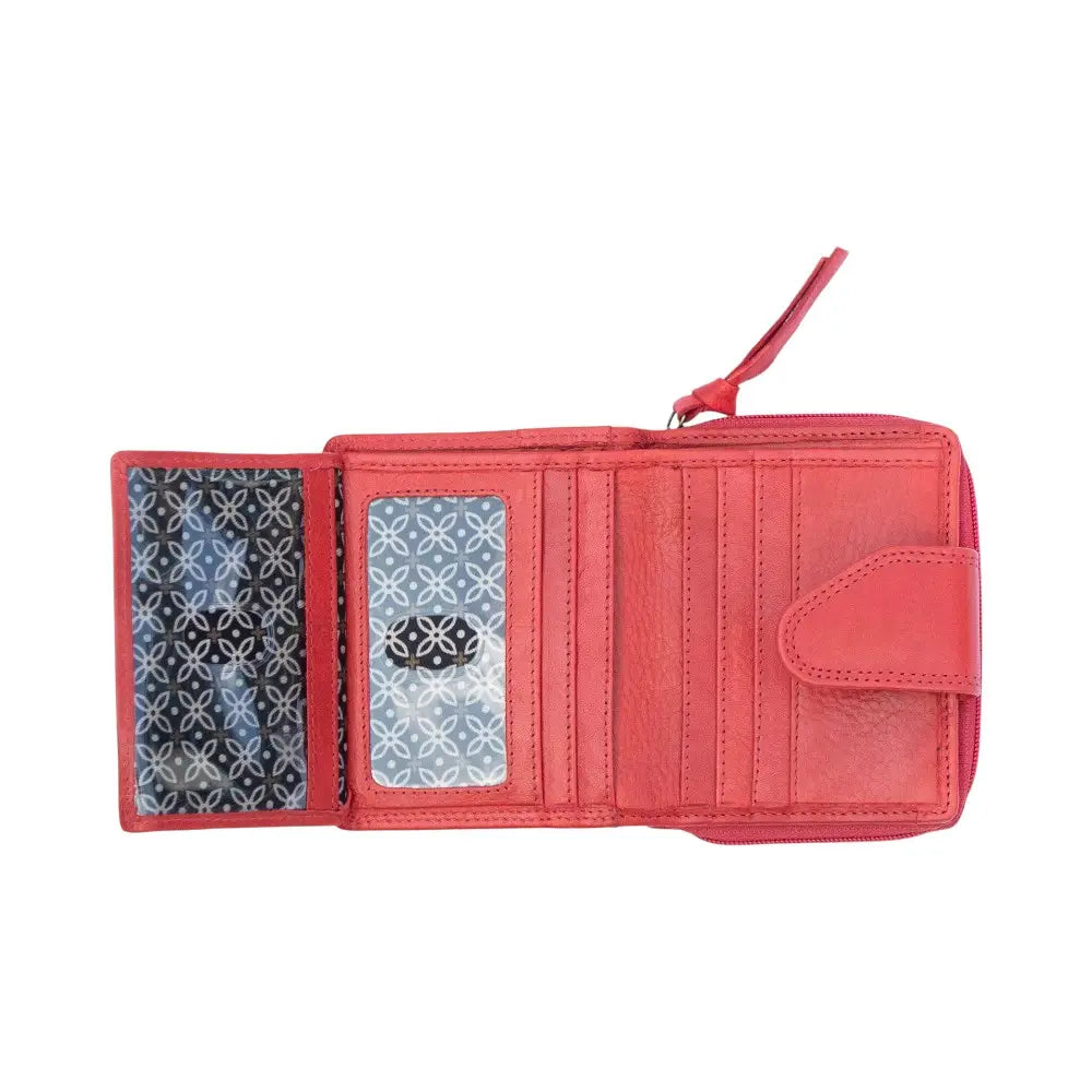 Inside view of Washed Cancun Small Trifold Purse Selena 1265 in red showing flip ID window, picture slot, and multiple card compartments.