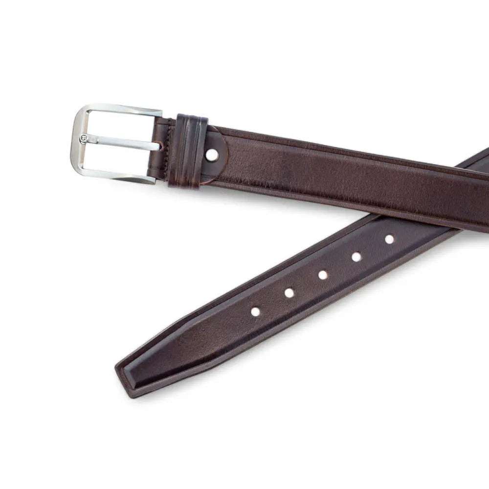 Men's Brown leather belt with a silver buckle, neatly rolled and displayed on a white background.