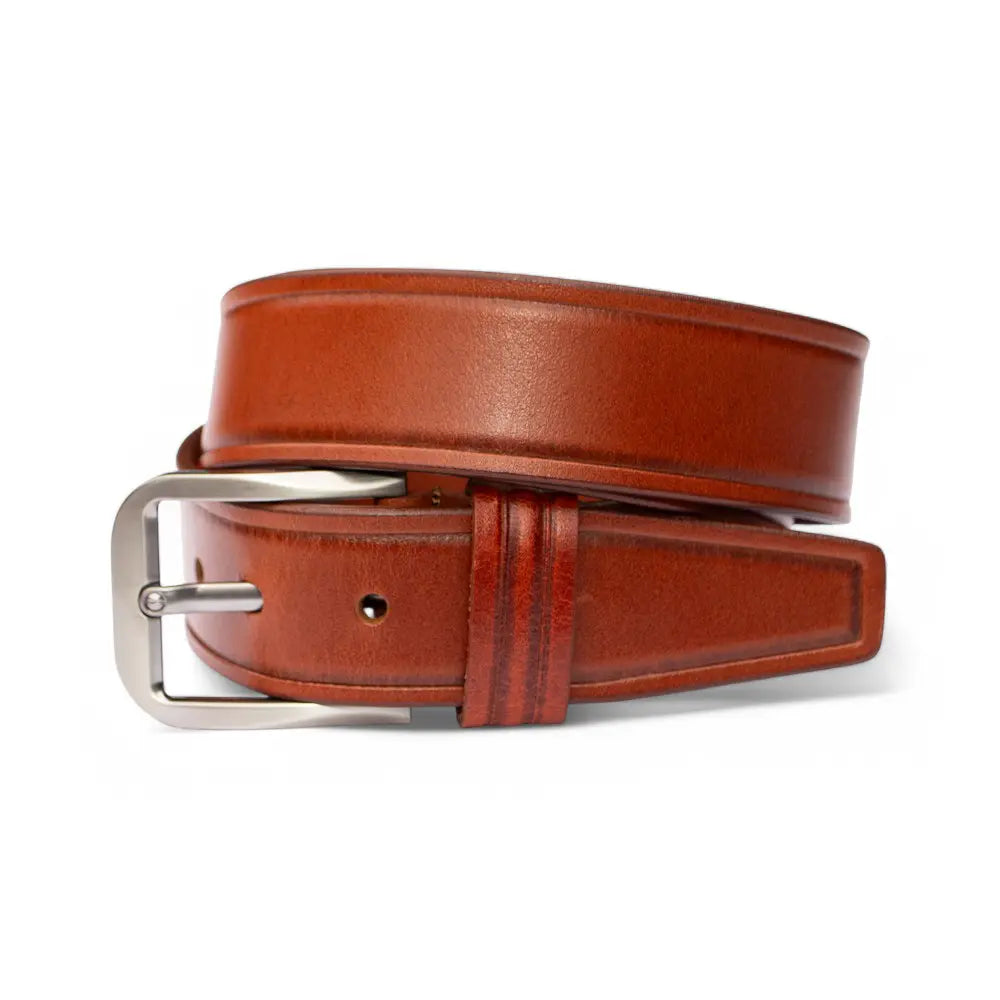 Men's tan leather belt with a silver buckle, neatly rolled and displayed on a white background.