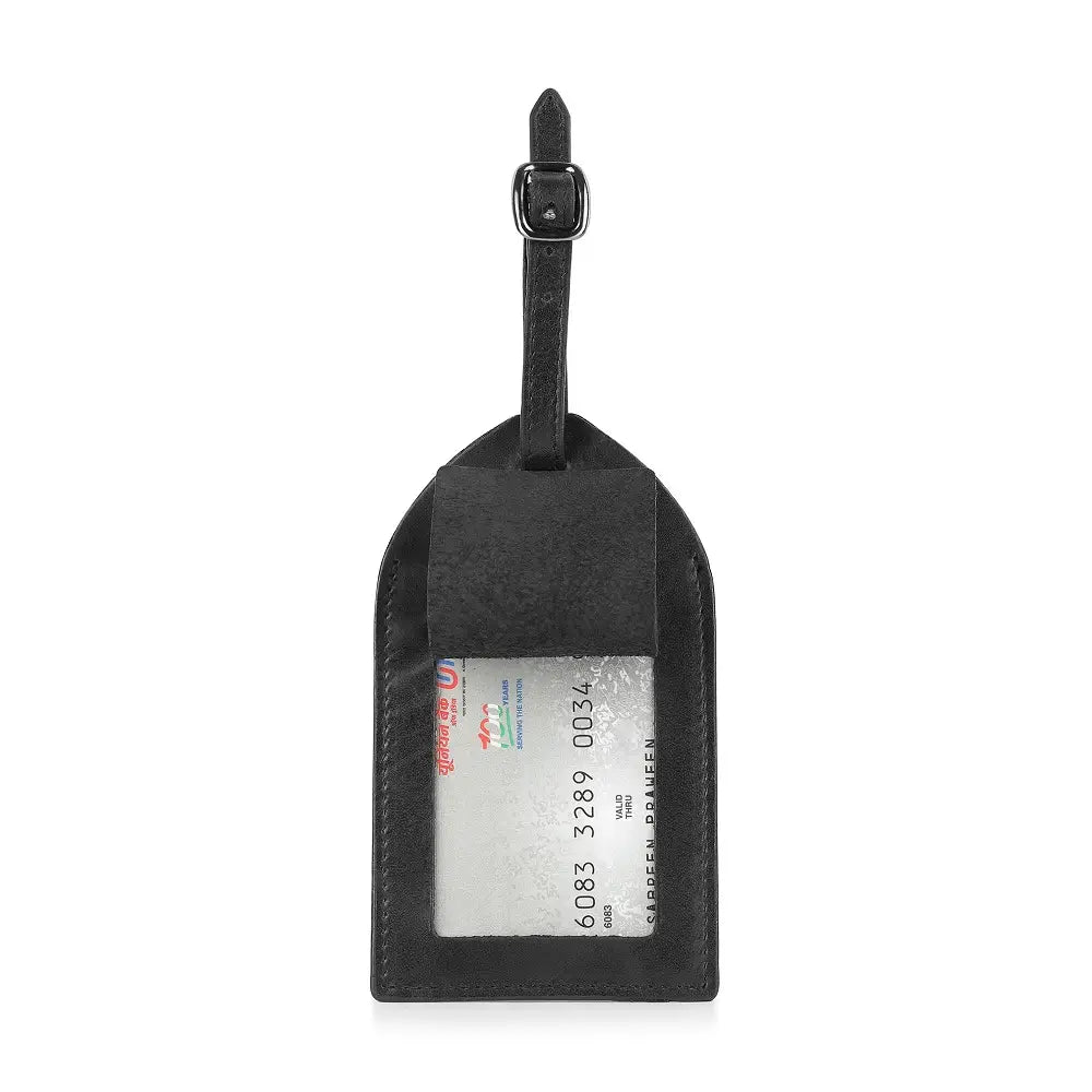 Top view of black leather luggage tag showing clear ID window and leather buckle strap.