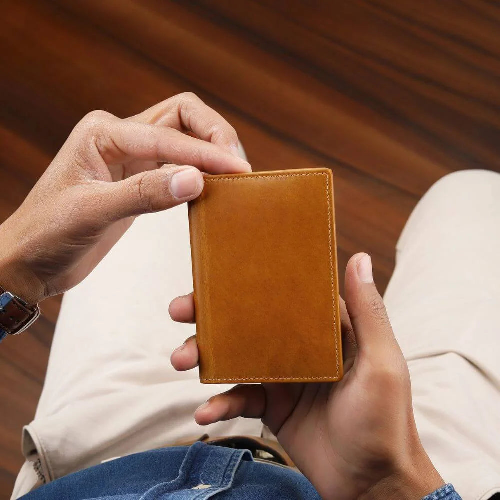 Vertical Leather-Lined Card Wallet- Mayfair 2501 in hand