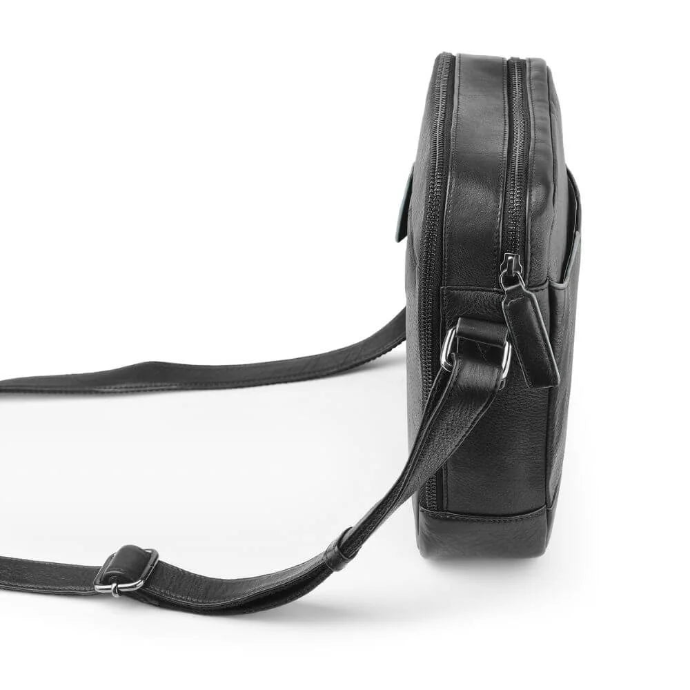 Black Leather Messenger Bag Zip Top Hudson 5520 (5)