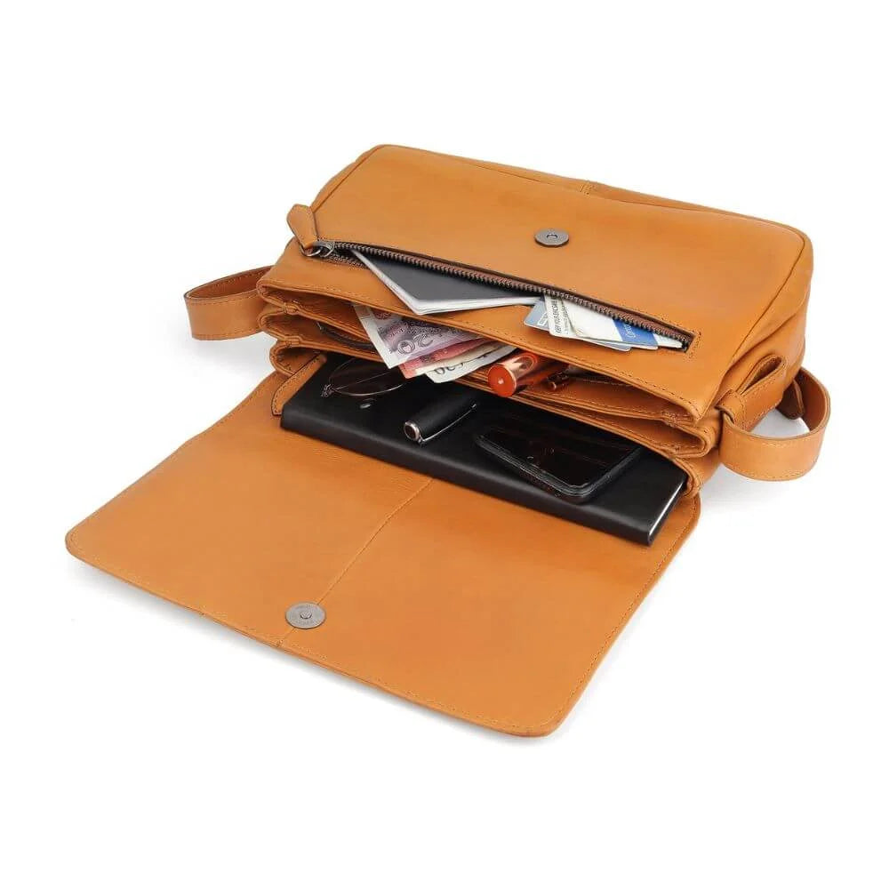 Cognac Waxy Leather Triple Zipper Handbag Chester 3313 (4)