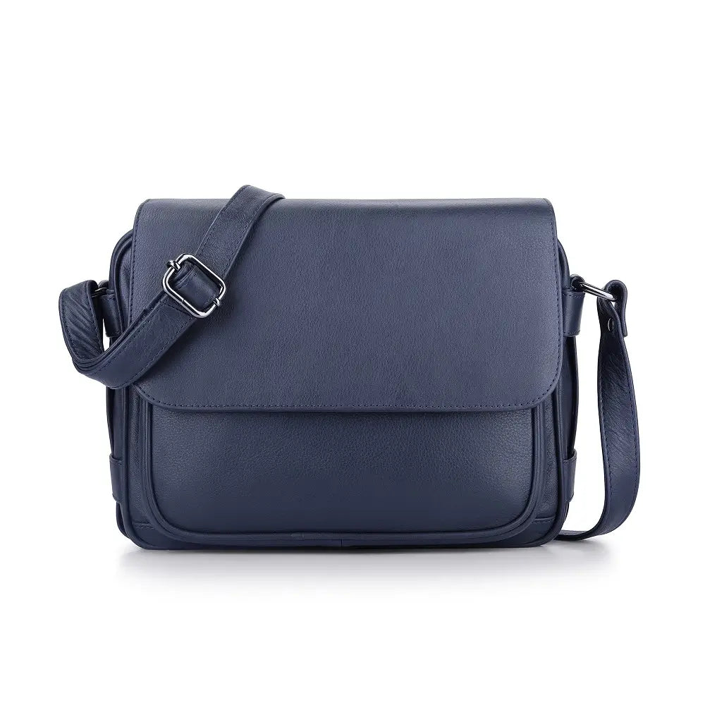 Navy leather multi-compartment crossbody bag front view with magnetic flap and front slip pocket.